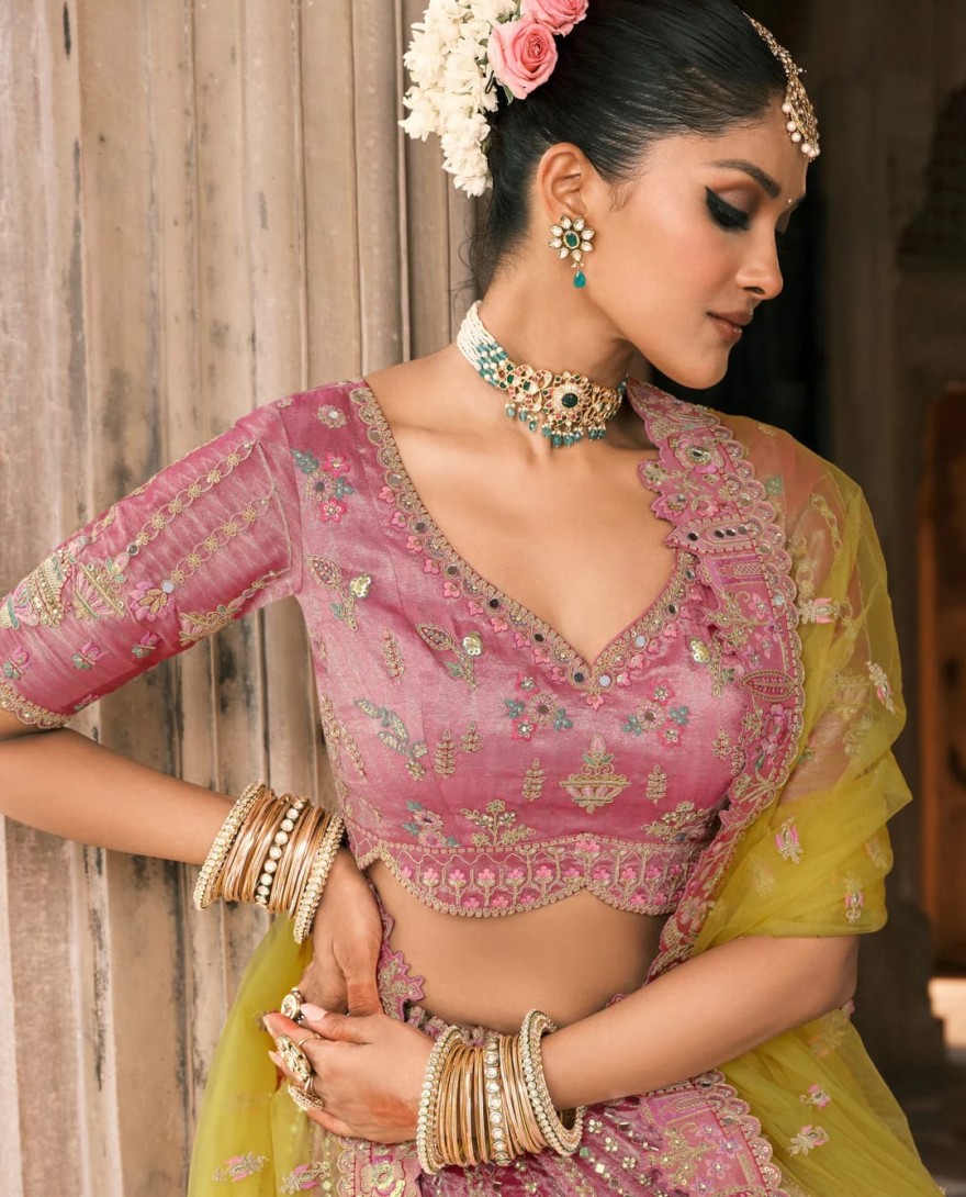 YELLOW - Sunshine Yellow & Pink Fancy Silk Lehenga Choli With Cut Work Embroidery Border & Stone Work